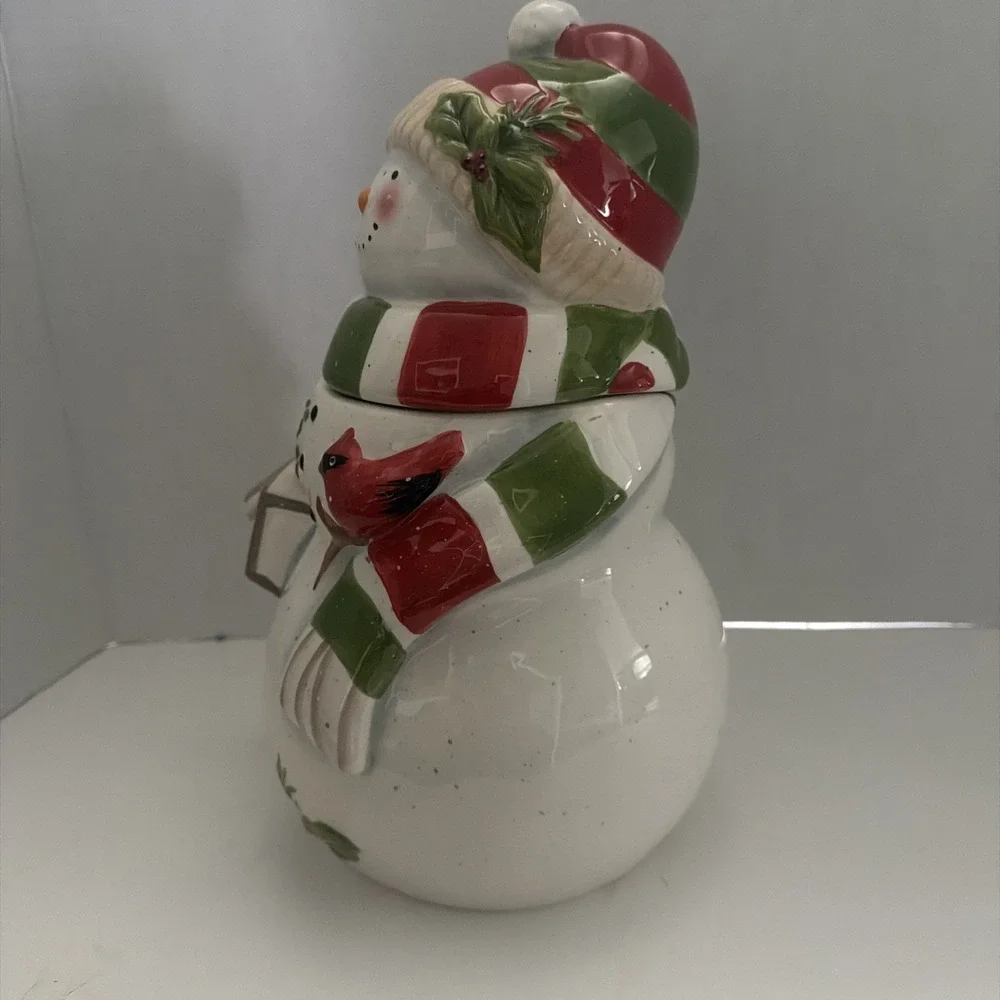 Ceramic Snowman Cookie Jar Holiday Christmas Decor Cardinal Lantern Red Green